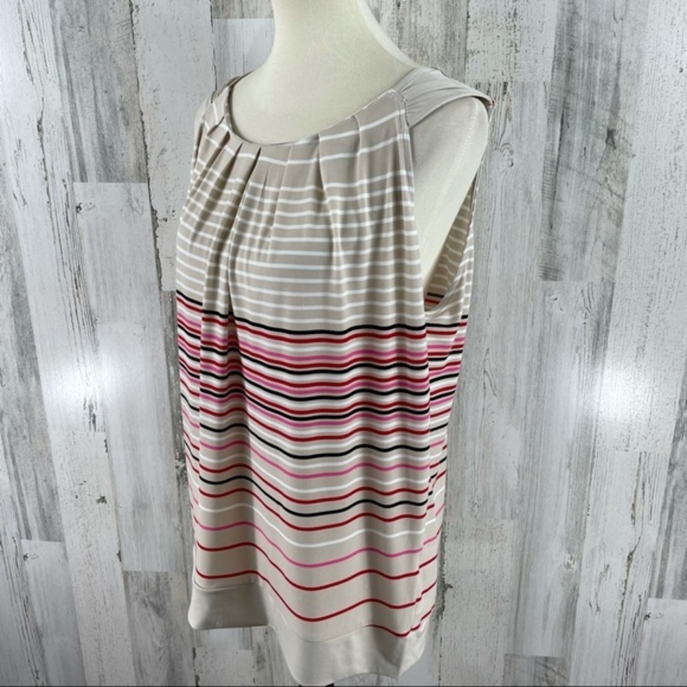 New York & Company Women's Pink Striped Scoop Neck Pleated‎ Blouse Top Shirt L